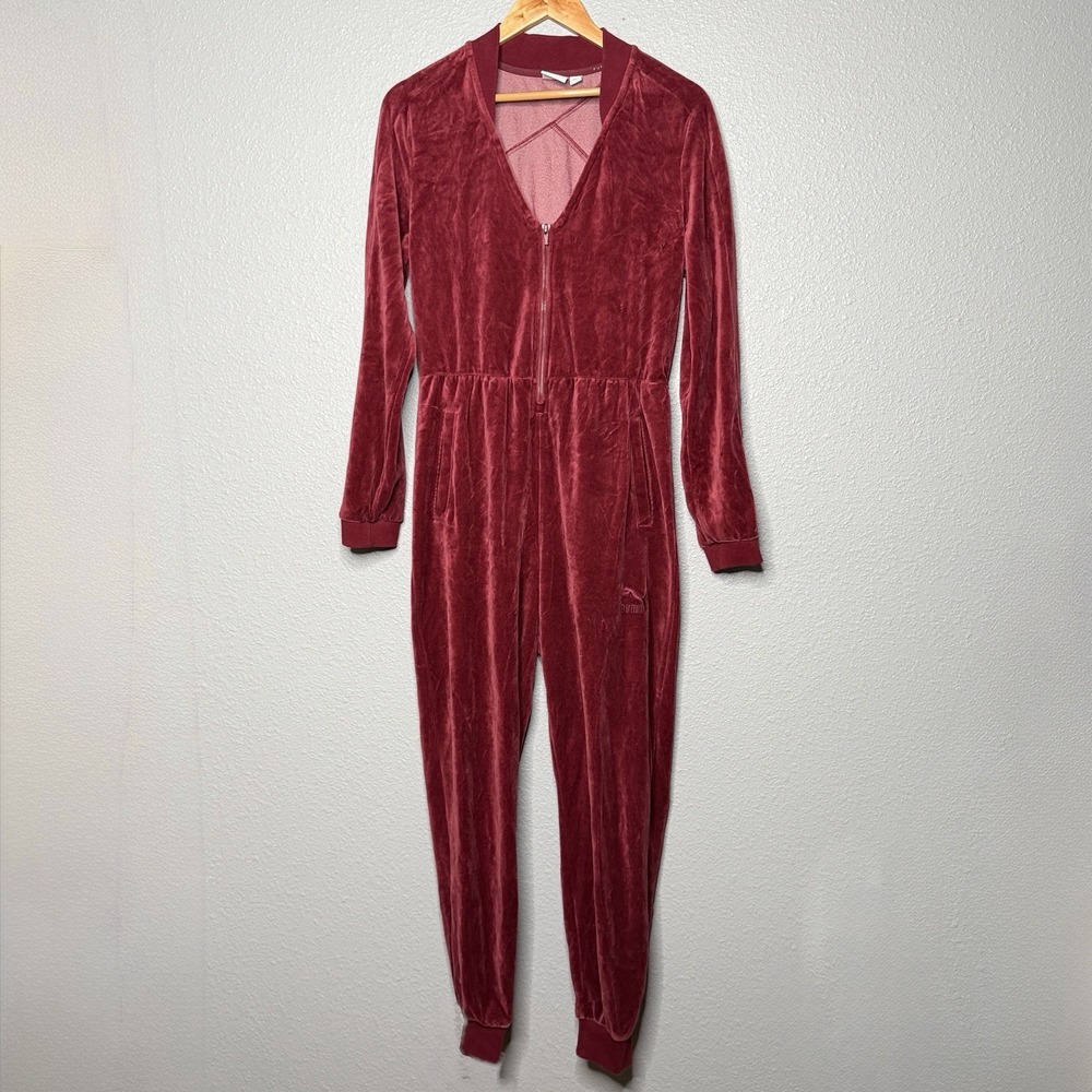 PUMA Womens L Burgundy Velour Jumpsuit Zip Front One Piece Y2K Revival Track